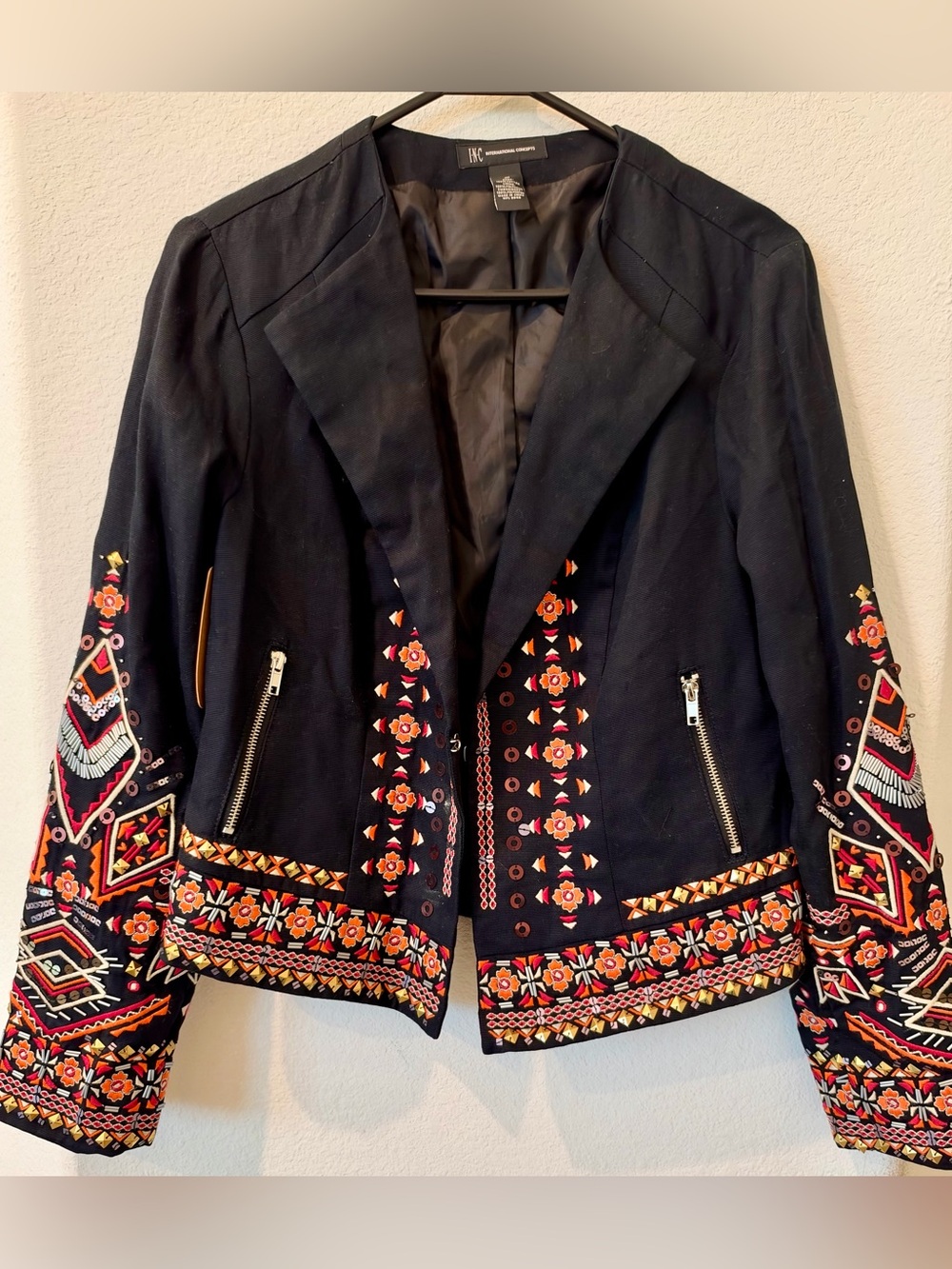 INC International Concepts Black Embroidered Zip-Front Blazer